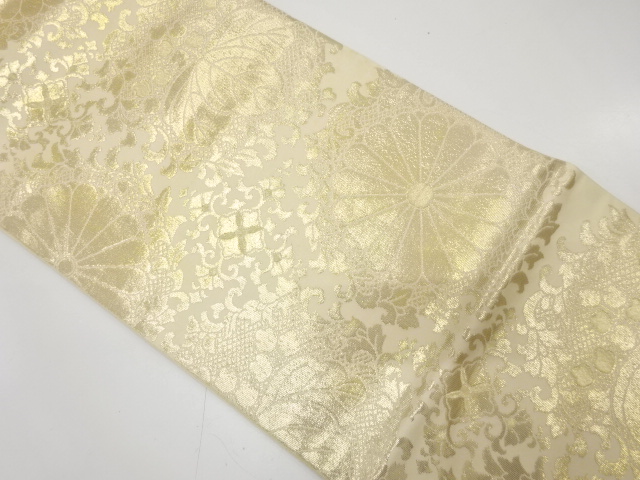 JAPANESE KIMONO / ANTIQUE FUKURO OBI / SILK / WOVEN KIKU & PAULOWNIA